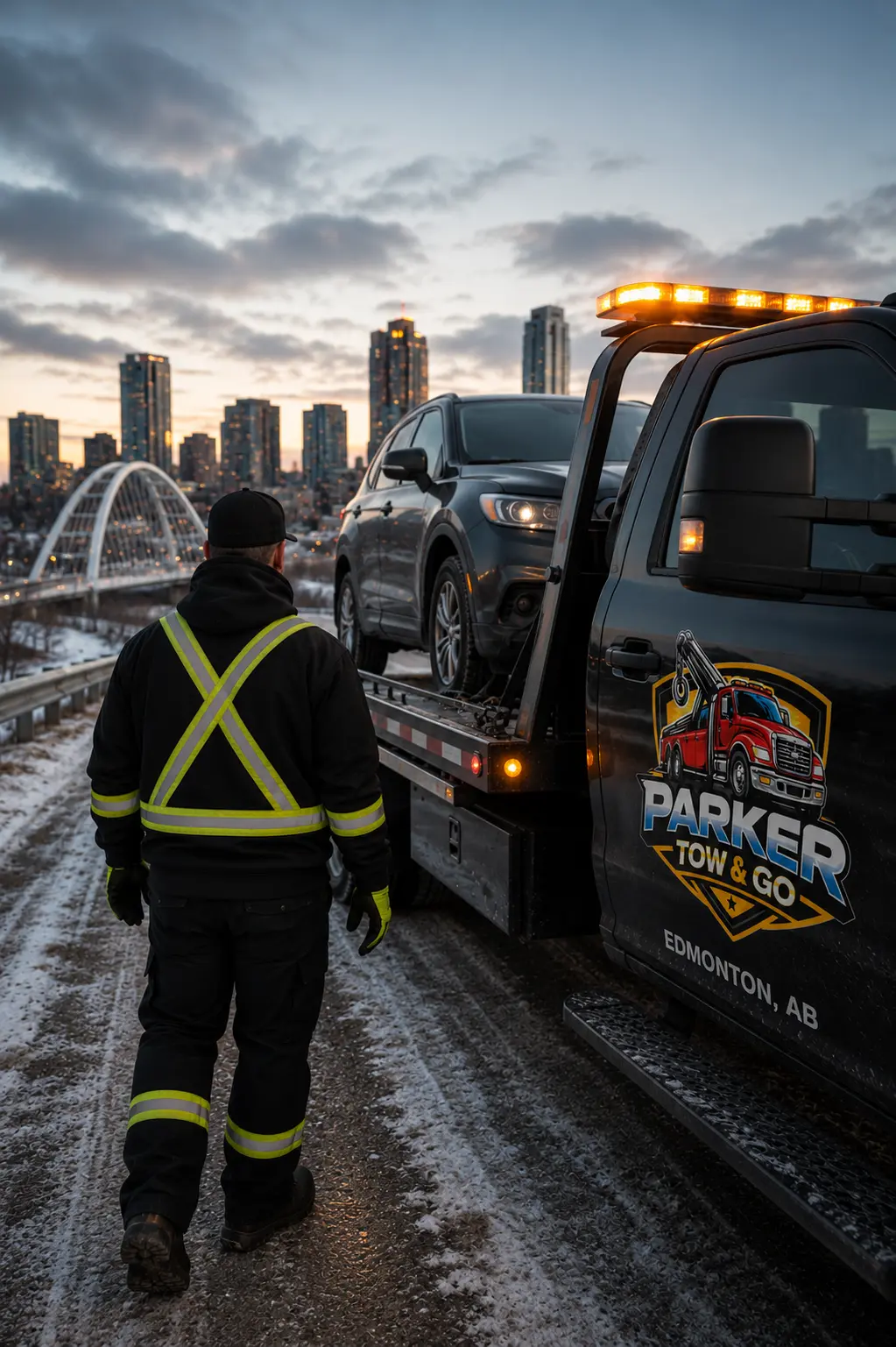 Parker Tow & GO crew standing in front of their fleet of tow trucks in Edmonton